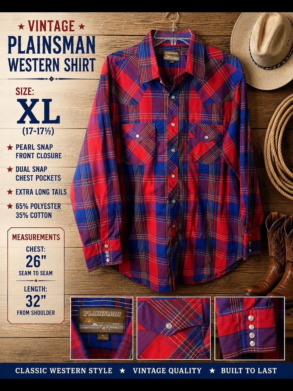 Vintage Plainsman Western Plaid Pearl Snap Shirt Red Blue Cowboy Ranchwear XL
